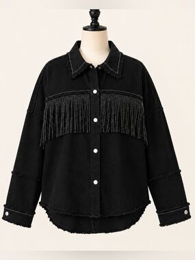 Rhinestone Fringe Western Denim Shacket Black Oversized The Style Between Us L